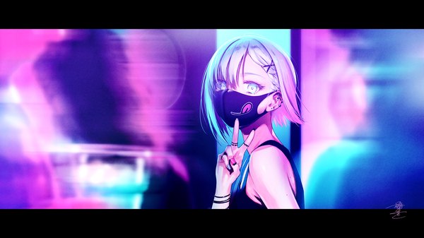 Anime-Bild 1500x843 mit original okeno kamoku single looking at viewer short hair blue eyes wide image silver hair upper body nail polish sleeveless piercing victory ear piercing letterboxed girl hair ornament x hair ornament ring surgical mask