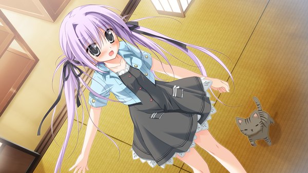 Anime picture 2560x1440 with 1/2 summer kuonji sora sesena yau long hair blush highres open mouth wide image twintails game cg purple hair black eyes girl ribbon (ribbons) hair ribbon cat