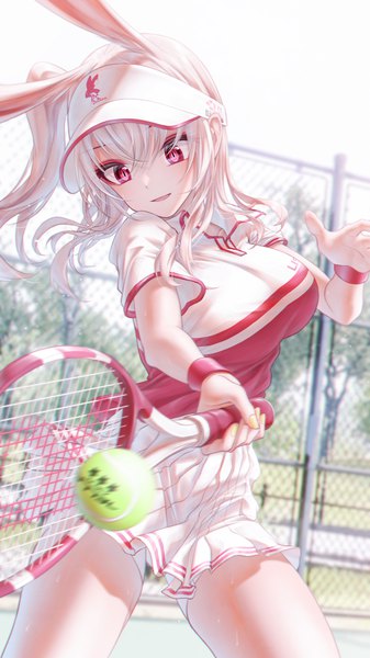 Anime picture 2880x5120 with tsumi no hahen (debris) lirin (bae.c) bae.c single long hair tall image fringe highres breasts open mouth smile hair between eyes large breasts standing holding animal ears outdoors white hair pink eyes short sleeves