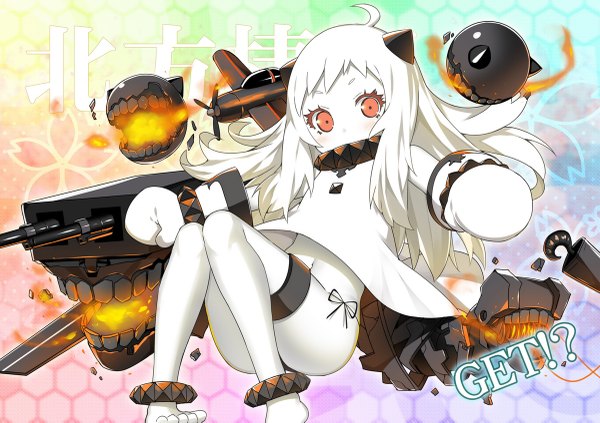 Anime picture 1200x847 with kantai collection northern ocean hime sky-freedom single long hair looking at viewer blush light erotic red eyes sitting white hair barefoot horn (horns) inscription loli pantyshot character names pantyshot sitting white skin shinkaisei-kan
