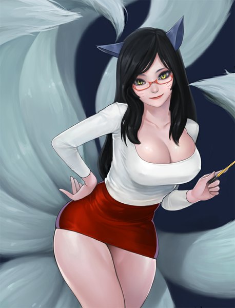 Anime picture 800x1049 with league of legends ahri (league of legends) bling single long hair tall image looking at viewer breasts light erotic black hair large breasts animal ears yellow eyes tail facial mark multiple tails whisker markings girl skirt glasses