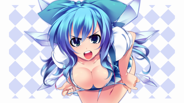 Anime picture 2128x1197 with touhou cirno dragonmaterial long hair highres breasts blue eyes light erotic wide image blue hair cleavage open clothes open shirt huge breasts panty pull girl underwear panties wings striped panties