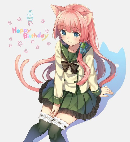 Anime picture 800x873 with original ichijou kokona kurasawa moko single long hair tall image blush fringe simple background smile sitting animal ears pink hair tail animal tail aqua eyes from above cat ears grey background arm support