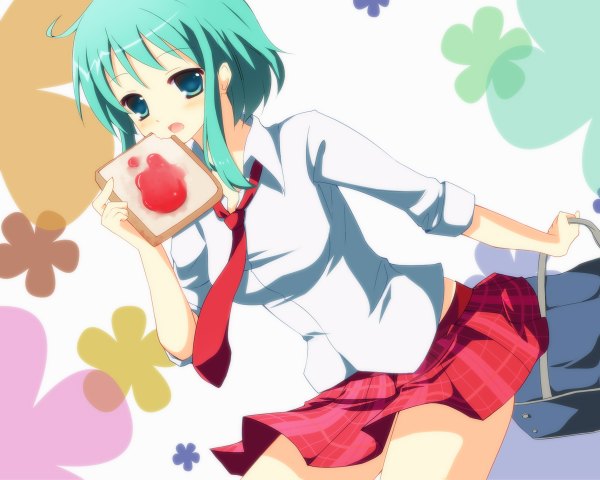 Anime picture 1200x960 with vocaloid gumi tagme (artist) green eyes green hair girl skirt serafuku necktie food toast