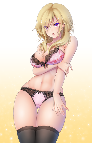 Anime picture 568x880 with original denpa (denpae29) single long hair tall image looking at viewer blush fringe breasts open mouth light erotic simple background blonde hair large breasts standing purple eyes hair over one eye underwear only gradient background thigh gap