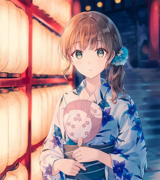Anime picture 1069x1200 with original hiten (hitenkei) single long hair tall image looking at viewer fringe brown hair holding green eyes payot upper body outdoors traditional clothes parted lips japanese clothes night wide sleeves floral print side ponytail