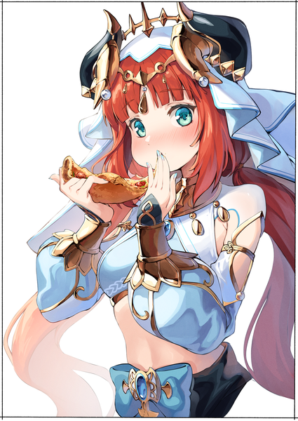 Anime picture 1300x1834 with genshin impact nilou (genshin impact) kei (soundcross) single long hair tall image looking at viewer blush simple background white background twintails upper body red hair nail polish horn (horns) aqua eyes low twintails eating covered mouth blue nail polish