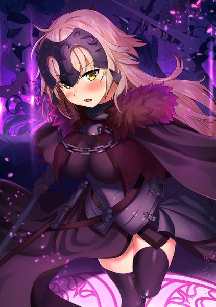 Anime picture 975x1383 with fate (series) fate/grand order fate/apocrypha jeanne d'arc (fate) (all) jeanne d'arc alter (fate) kawai (purplrpouni) single long hair tall image blush fringe blonde hair yellow eyes ahoge bent knee (knees) zettai ryouiki glowing girl thighhighs hair ornament