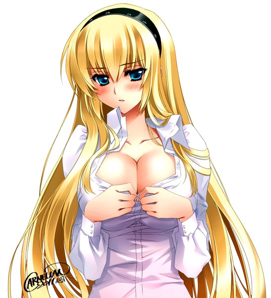 Anime picture 1700x1865 with muv-luv alternative schwarzesmarken muv-luv irisdina bernhard carnelian single long hair tall image blush breasts blue eyes light erotic simple background blonde hair large breasts white background signed looking away upper body embarrassed