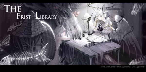 Anime-Bild 5250x2614 mit original longyu long hair highres short hair red eyes wide image yellow eyes looking away absurdres white hair horn (horns) text letterboxed slit pupils english skeleton androgynous bone (bones) girl