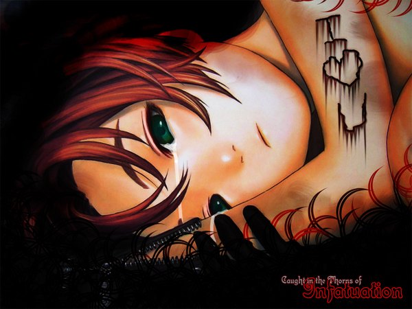 Anime picture 1280x960 with robot (manga) range murata single looking at viewer short hair brown hair green eyes signed lying nude copyright name tears on side third-party edit expressionless girl gloves black gloves boots robot