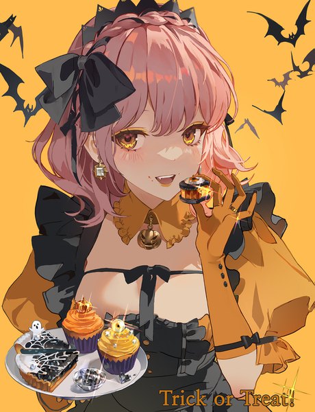 Anime picture 1151x1500 with original okku single tall image looking at viewer fringe short hair open mouth simple background yellow eyes pink hair cleavage upper body braid (braids) :d sparkle puffy sleeves halloween eyeshadow yellow background