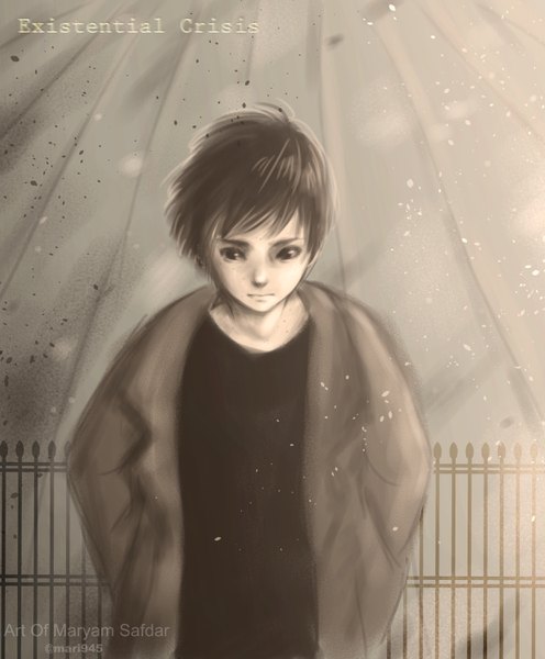 Anime picture 2480x3000 with original mari945 single tall image fringe highres short hair black hair signed looking away upper body black eyes twitter username text monochrome english hands in pockets boy coat fence