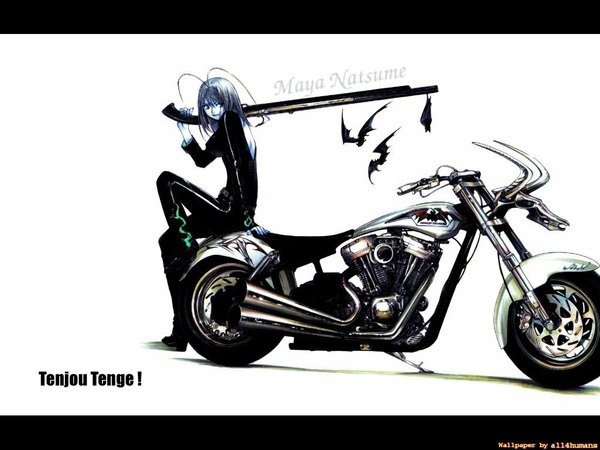 Anime picture 1024x768 with tenjou tenge natsume maya single white background sitting ahoge letterboxed weapon over shoulder girl weapon gun skull rifle bat motorcycle