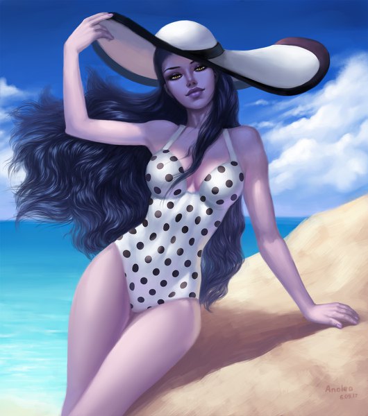 Anime picture 1060x1200 with overwatch blizzard entertainment widowmaker (overwatch) anolea single long hair tall image looking at viewer black hair signed yellow eyes sky cleavage cloud (clouds) wind lips arm support beach dated polka dot