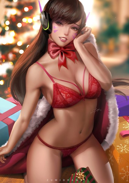 Anime picture 2481x3508 with overwatch blizzard entertainment d.va (overwatch) zumi (zumidraws) single long hair tall image looking at viewer fringe highres breasts light erotic smile brown hair brown eyes signed cleavage blunt bangs head tilt blurry