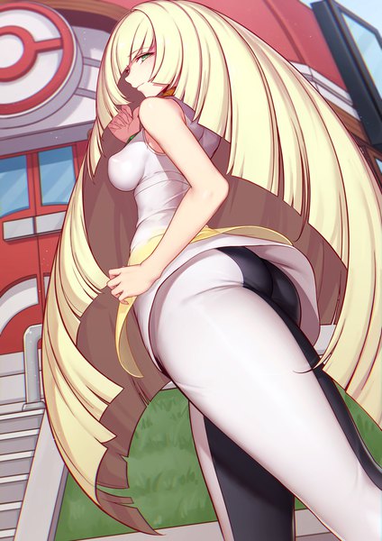 Anime picture 744x1052 with pokemon pokemon sm nintendo lusamine (pokemon) evan yang single tall image looking at viewer breasts light erotic blonde hair large breasts standing green eyes ass outdoors very long hair profile looking back from below
