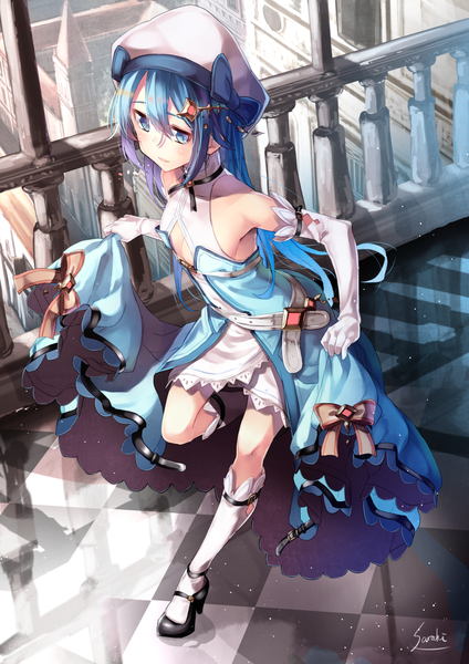 Anime picture 1167x1650 with original lee-chan (saraki) saraki single long hair tall image fringe blue eyes light erotic smile hair between eyes standing bare shoulders signed payot blue hair looking away full body bent knee (knees) from above