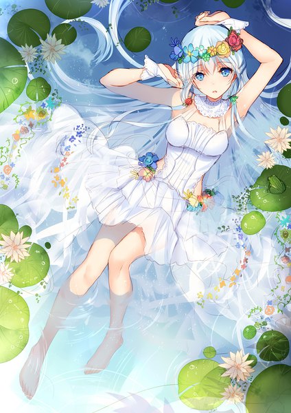 Anime picture 800x1131 with warship girls r unicorn (warship girls r) bison cangshu single tall image looking at viewer blue eyes white hair very long hair girl dress flower (flowers) water white dress sundress wreath