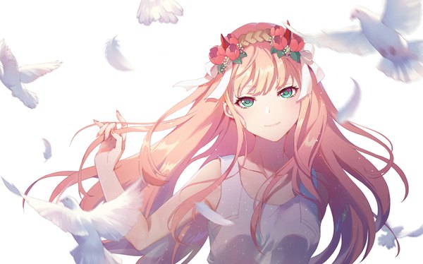 Anime picture 1923x1200 with darling in the franxx studio trigger zero two (darling in the franxx) carminar single long hair looking at viewer blush fringe highres breasts simple background blonde hair wide image white background upper body nail polish head tilt hair flower horn (horns)