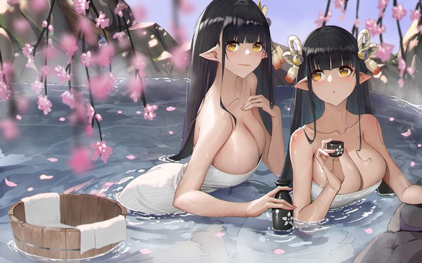 Anime picture 2500x1559 with monster hunter monster hunter rise hinoa minoto genera-x long hair looking at viewer blush fringe highres breasts light erotic black hair smile wide image large breasts multiple girls holding yellow eyes payot