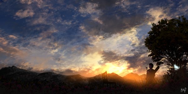 Anime picture 6000x3000 with original kumeki (kk4615) single fringe highres short hair black hair wide image signed absurdres sky cloud (clouds) outdoors eyes closed long sleeves evening sunset mountain landscape ghost