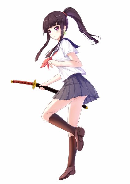 Anime picture 904x1280 with original itachi kanade single long hair tall image blush black hair simple background red eyes white background ponytail girl skirt uniform weapon sword socks serafuku katana black socks