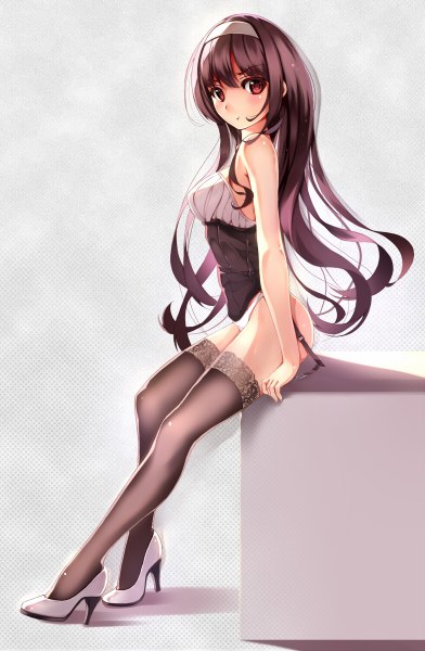 Anime picture 784x1200 with saenai heroine no sodatekata a-1 pictures kasumigaoka utaha yumemi (kiowa) single long hair tall image looking at viewer blush light erotic red eyes brown hair sitting bare shoulders grey background arm support high heels underbust pout puffy cheeks
