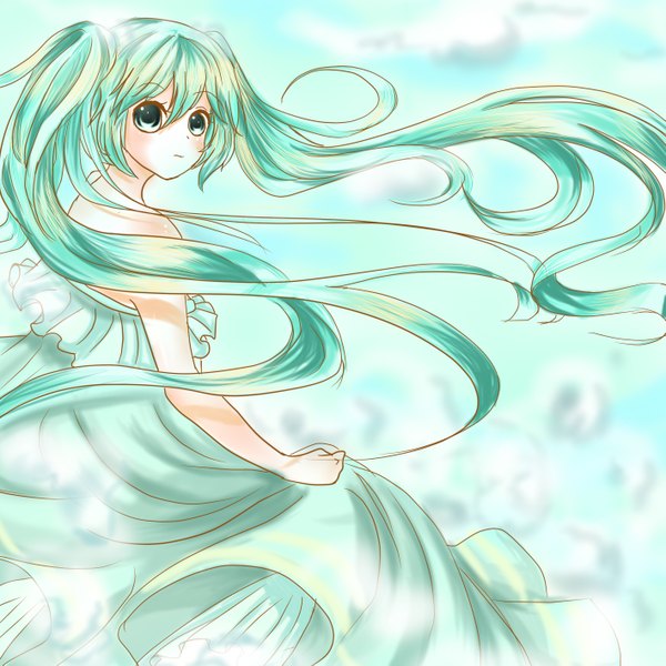 Anime picture 1417x1417 with vocaloid hatsune miku kitto single long hair looking at viewer blush fringe twintails bare shoulders aqua eyes aqua hair girl dress sundress