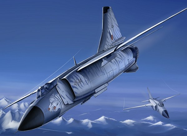 Anime picture 1126x824 with original kcme mountain flying pilot weapon airplane jet mig-23