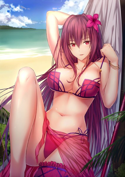 Anime picture 700x990 with fate (series) fate/grand order scathach (fate) (all) scathach (swimsuit assassin) (fate) luzi (coffee-straw-luzi) single long hair tall image looking at viewer blush fringe breasts light erotic hair between eyes red eyes large breasts sky cleavage purple hair cloud (clouds)