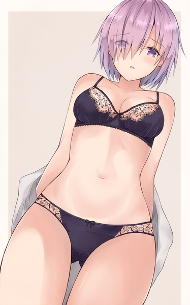 Anime picture 1248x2000 with fate (series) fate/grand order mash kyrielight yuzuzukushi single tall image looking at viewer fringe short hair breasts light erotic simple background purple eyes purple hair hair over one eye from below underwear only border ass visible through thighs girl