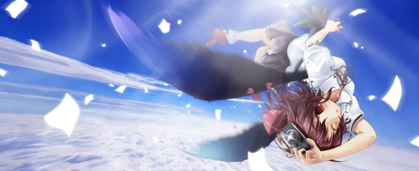 Anime picture 1556x640 with touhou shameimaru aya scarlet (studioscr) single blush short hair red eyes brown hair wide image sky cloud (clouds) one eye closed wink girl skirt ribbon (ribbons) hat wings fan camera