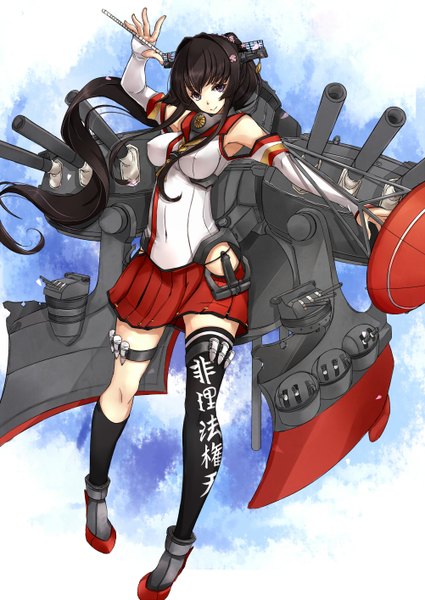 Anime picture 1002x1416 with kantai collection yamato super battleship asya single long hair tall image looking at viewer breasts light erotic black hair smile large breasts purple eyes ponytail inscription erect nipples covered nipples girl thighhighs skirt