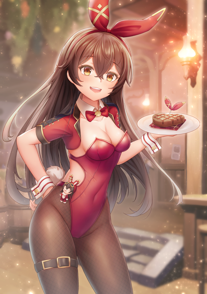 Anime picture 868x1228 with genshin impact amber (genshin impact) baron bunny (genshin impact) chisi single long hair tall image looking at viewer blush fringe breasts open mouth light erotic smile hair between eyes brown hair standing holding brown eyes cleavage