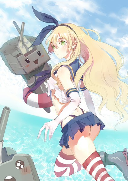 Anime picture 2480x3508 with kantai collection shimakaze destroyer rensouhou-chan yangzhi shi single long hair tall image blush fringe highres light erotic blonde hair hair between eyes standing bare shoulders green eyes payot looking away sky cloud (clouds)