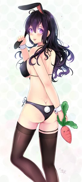 Anime picture 1000x2200 with original miyaura sanshio beifeng han single long hair tall image looking at viewer blush light erotic black hair white background purple eyes animal ears tail animal tail bunny ears underwear only bunny girl bunny tail girl