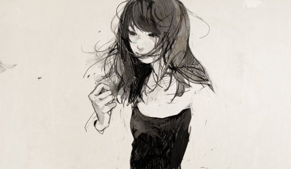 Anime-Bild 1200x700 mit original tae (artist) short hair wide image grey background monochrome drawing girl
