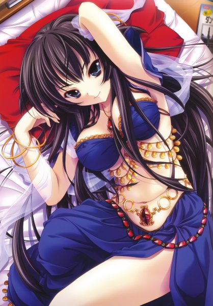 Anime picture 3482x4999 with miyama zero single long hair tall image highres breasts light erotic black hair smile absurdres lying black eyes hand on head girl bracelet jewelry