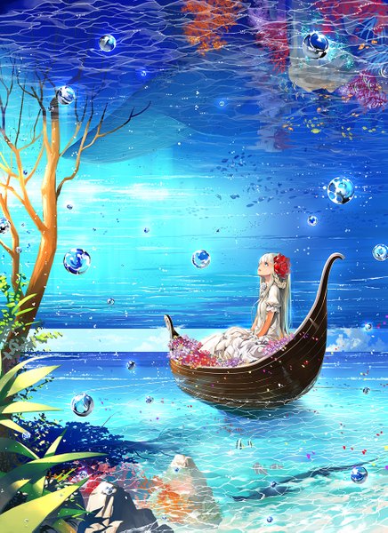 Anime picture 945x1299 with original justminor single long hair tall image blue eyes sitting silver hair hair flower looking up fantasy girl dress hair ornament flower (flowers) plant (plants) animal petals tree (trees) water
