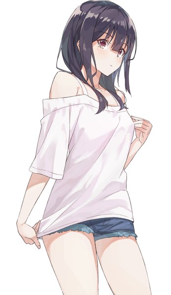 Anime picture 930x1600 with original koh rd single long hair tall image looking at viewer blush fringe breasts black hair simple background hair between eyes standing white background purple eyes bare shoulders off shoulder bare legs casual girl
