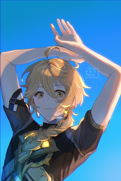 Anime picture 605x900 with genshin impact aether (genshin impact) rowya single long hair tall image looking at viewer fringe simple background blonde hair smile hair between eyes brown eyes signed ahoge braid (braids) arms up single braid blue background shaded face