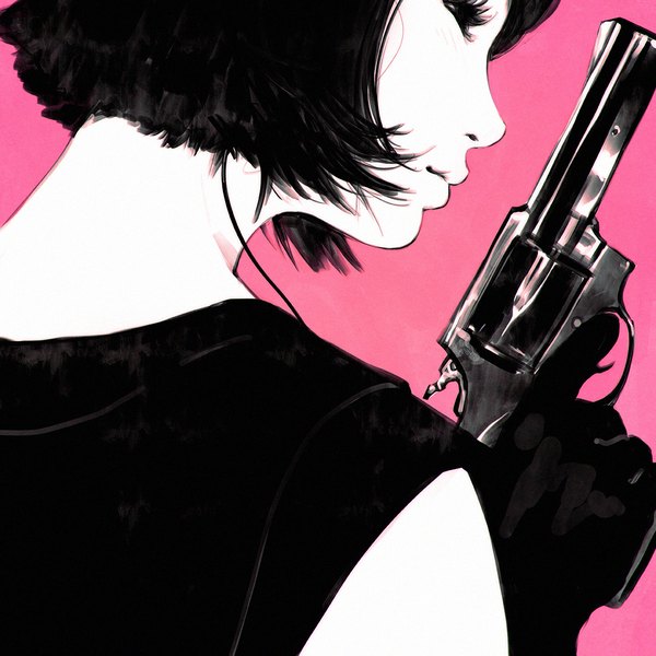 Anime picture 1080x1080 with original ilya kuvshinov single short hair simple background looking away profile lips from behind sleeveless monochrome pink background girl gloves weapon gun revolver