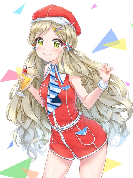 Anime picture 1500x2016 with idolmaster idolmaster million live! handa roko cuna (qunya) single long hair tall image looking at viewer blush fringe breasts blonde hair simple background smile standing white background holding green eyes sleeveless wavy hair