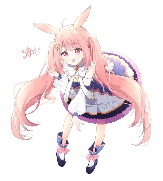 Anime picture 2616x2907 with virtual youtuber uzuki lua syhan single tall image highres open mouth simple background white background twintails animal ears pink hair full body ahoge very long hair :d pink eyes leaning bunny ears leaning forward