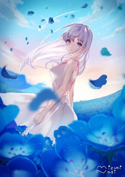 Anime picture 1767x2500 with original nagi (pickles pipipi) single long hair tall image looking at viewer highres purple eyes sky silver hair outdoors wind sleeveless girl dress flower (flowers) petals white dress flower field nemophila (flower)