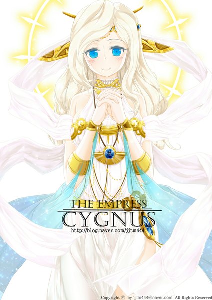 Anime picture 800x1130 with maplestory ini (pixiv5529761) single long hair tall image looking at viewer blush blue eyes blonde hair smile girl dress white dress
