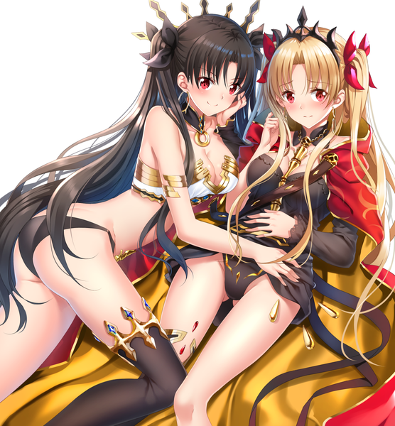 Anime picture 1206x1301 with fate (series) fate/grand order ishtar (fate) ereshkigal (fate) swordsouls long hair tall image blush fringe breasts light erotic black hair simple background blonde hair hair between eyes red eyes white background multiple girls cleavage ass