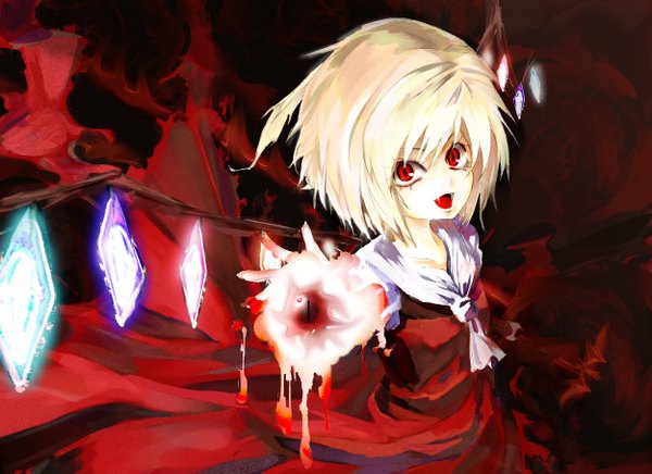 Anime picture 2500x1817 with touhou flandre scarlet single highres short hair open mouth blonde hair red eyes magic vampire girl wings