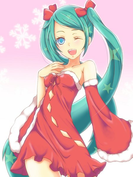 Anime picture 768x1024 with vocaloid hatsune miku rikka (artist) single tall image open mouth blue eyes simple background twintails bare shoulders very long hair one eye closed wink aqua hair fur trim christmas pink background girl dress bow